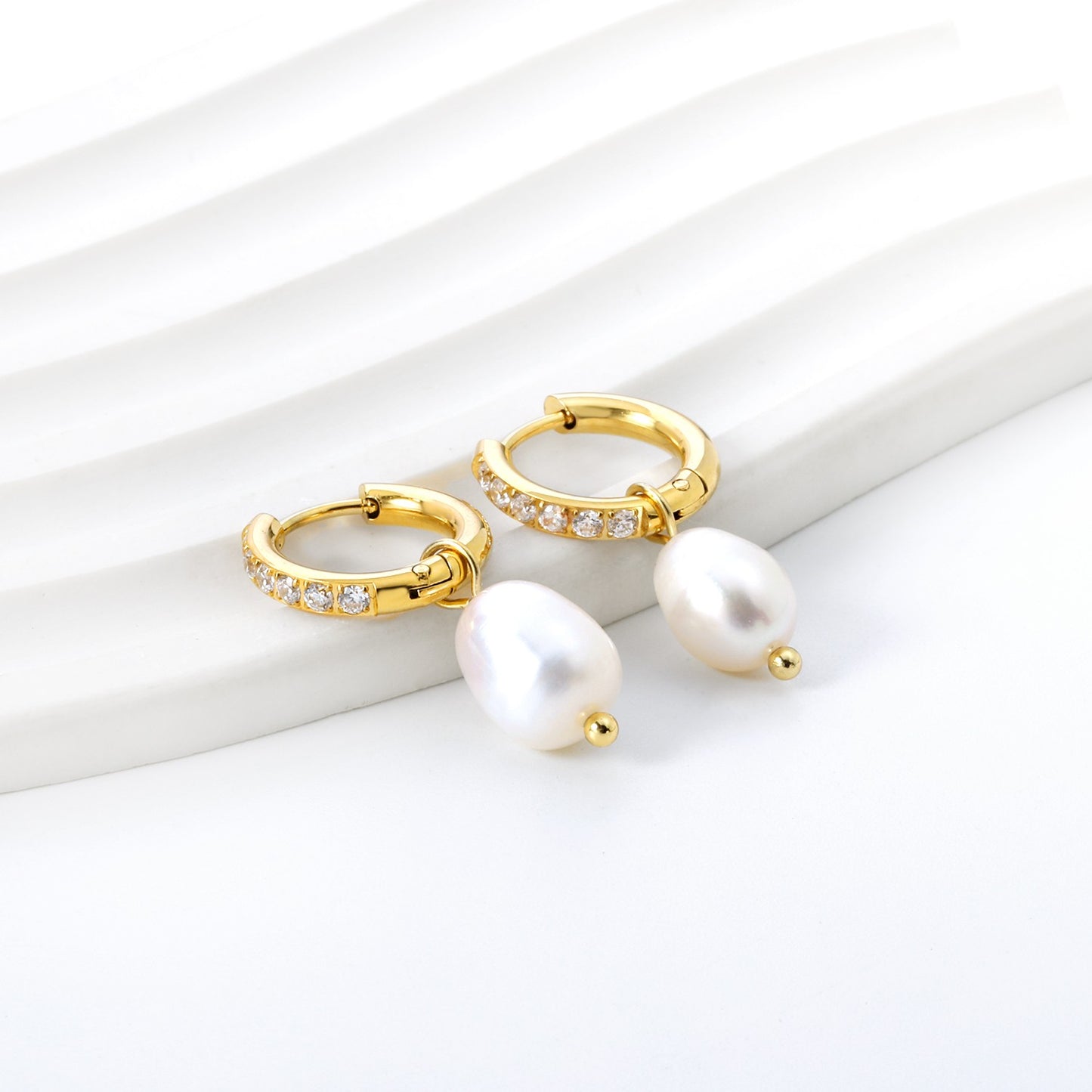 Luna Drop – Crystal &Pearl Gold Huggie Earrings