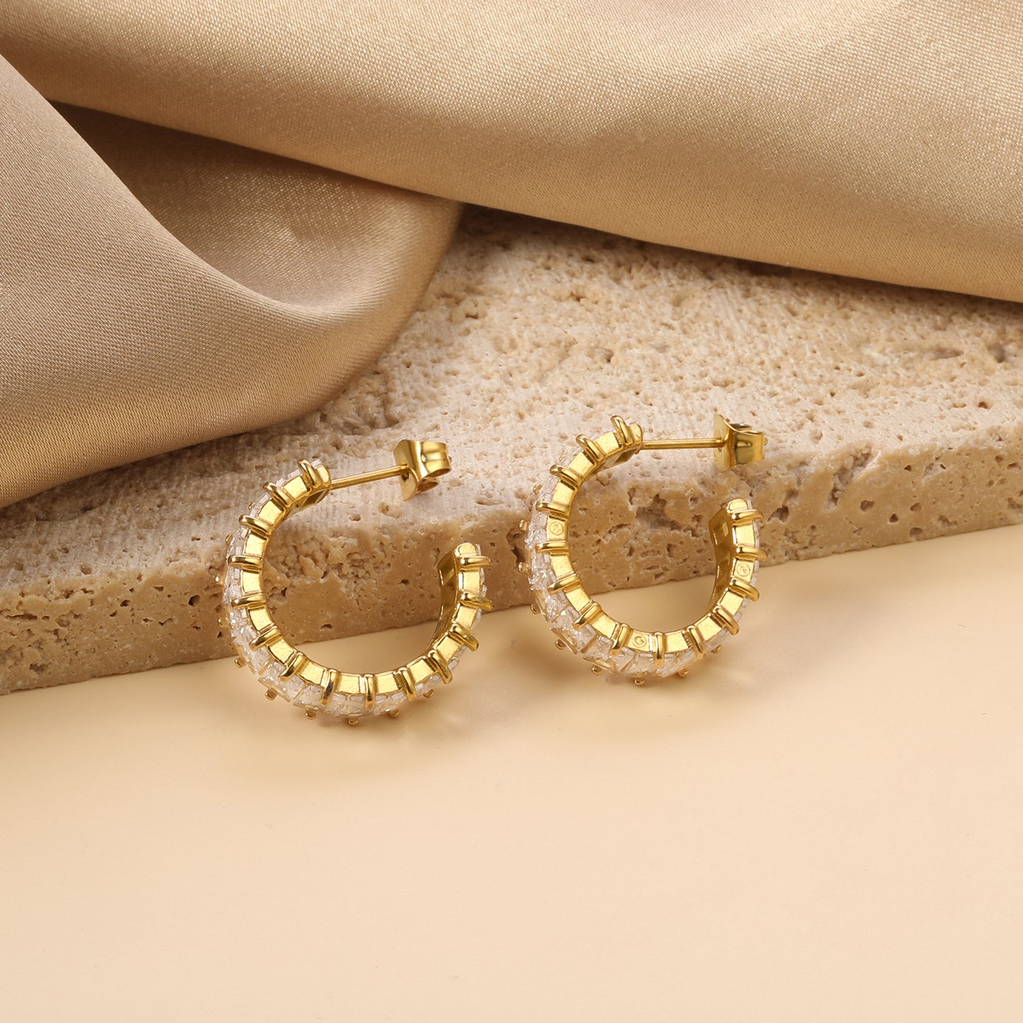 Crystal Arc – Gold Baguette Hoop Earrings