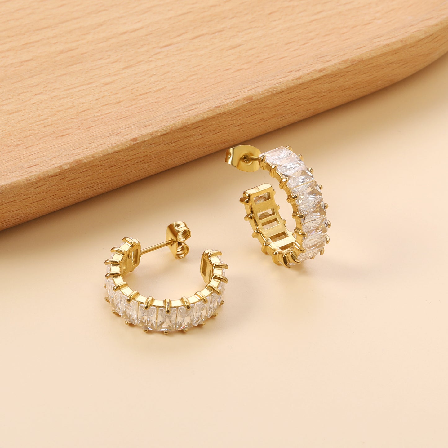 Crystal Arc – Gold Baguette Hoop Earrings