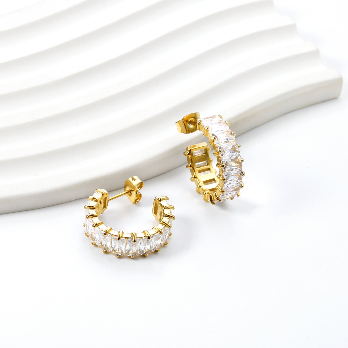 Crystal Arc – Gold Baguette Hoop Earrings