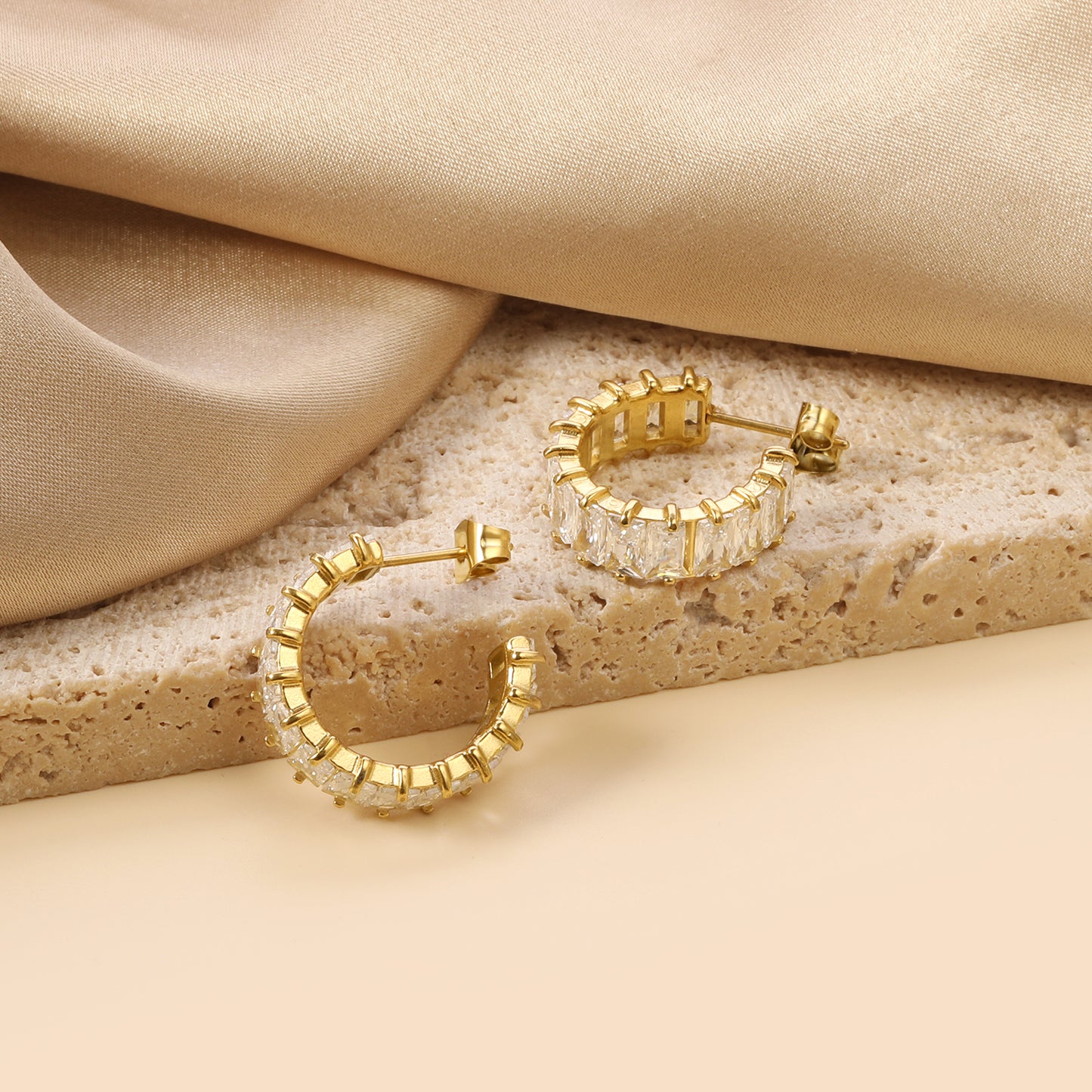 Crystal Arc – Gold Baguette Hoop Earrings