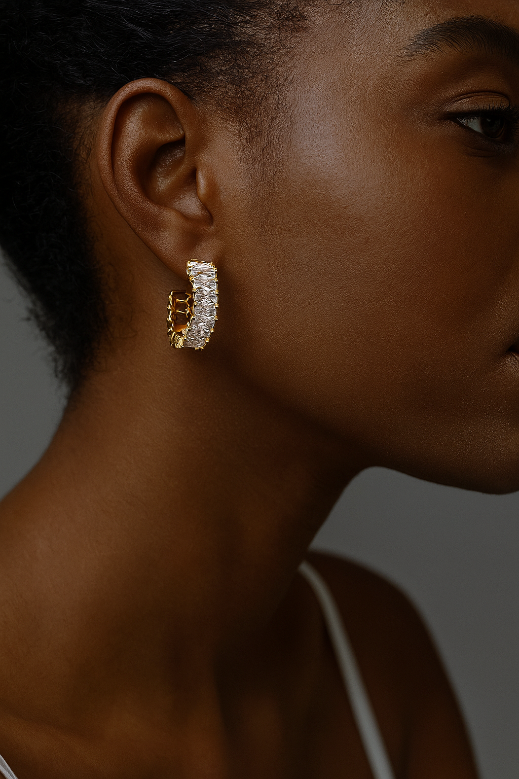 Crystal Arc – Gold Baguette Hoop Earrings